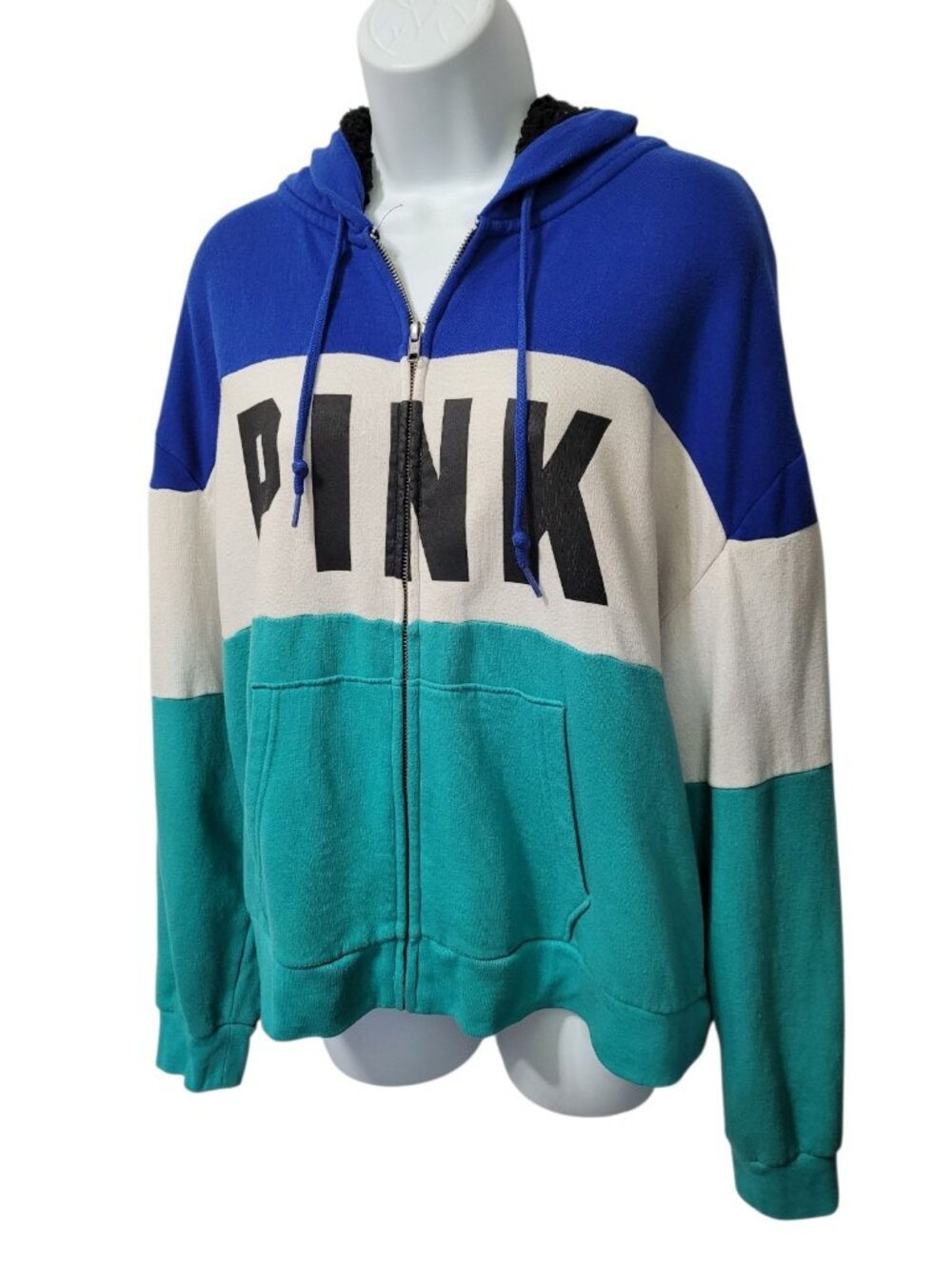 PINK Victoria's Secret Hoodie Womens L Sherpa Lined Zip Up‎ Blue Turquoise